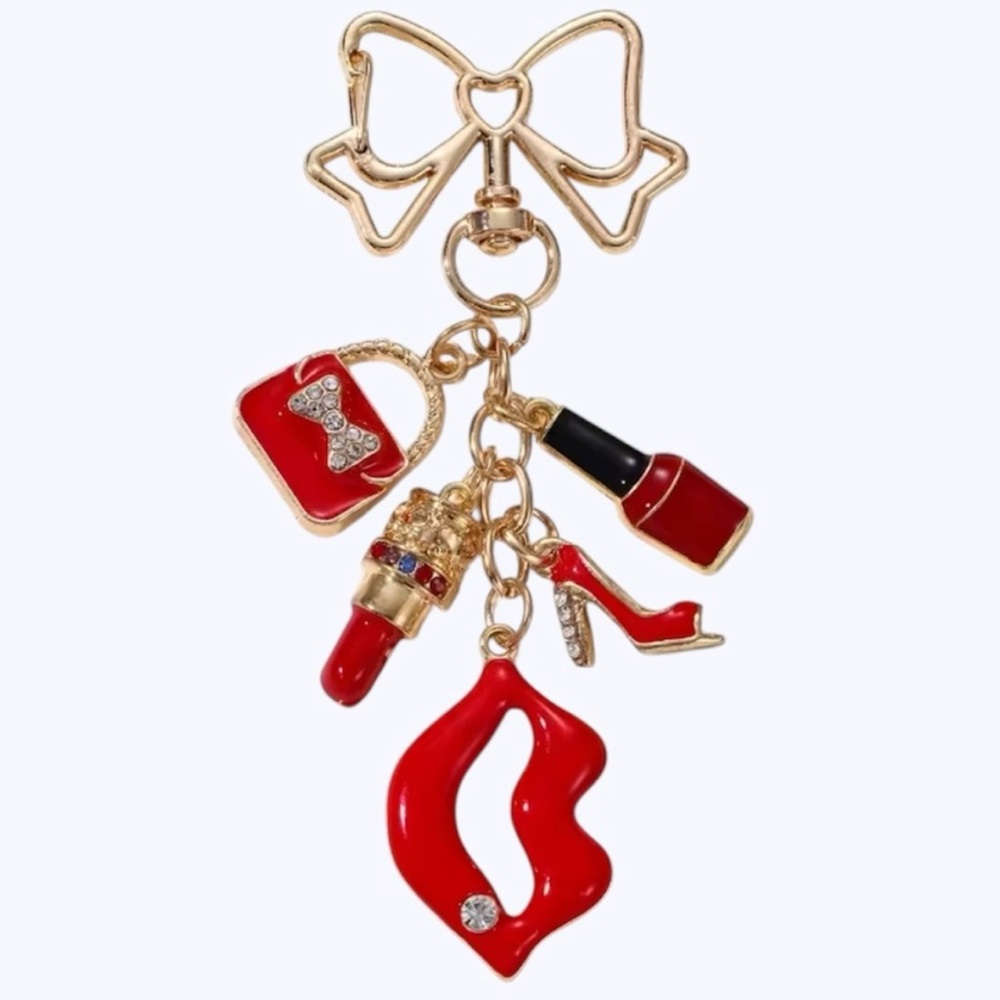 Red & Gold Bow Charm Keychain - Purse, Lipstick, Heels, Lips & Polish New - Picture 3 of 5